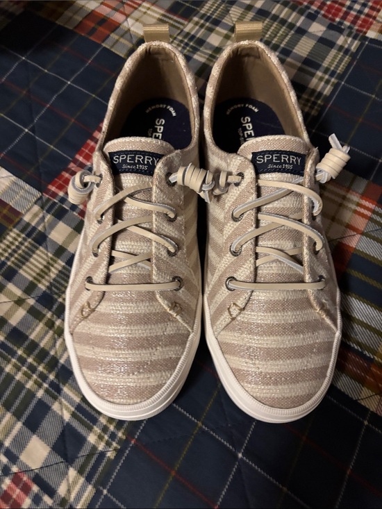 Sperry Shoes - Sperry Metallic Striped Low-Top Sneakers in Beige and White